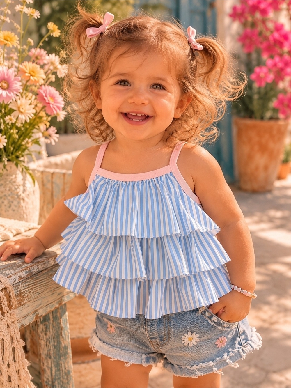 4/$15 Blue & White Striped Ruffle Tank Top Pink Trim 12 Months Shirt Swim Water